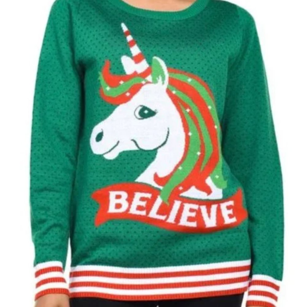 Tipsy Elves Believe Unicorn Ugly Xmas Sweater
